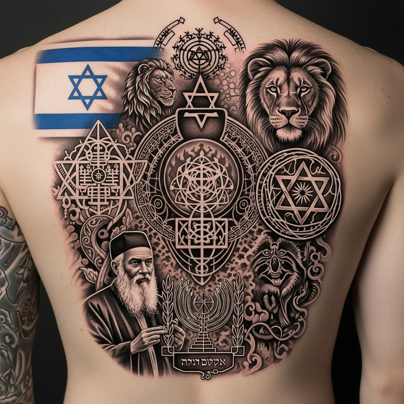 Ancient Israeli Kabbalah Tattoo: Symbolic Israel, Mystic Rabbi, Lion of Judah