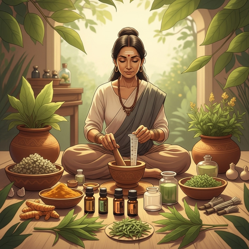 Tranquil Ayurvedic Illustration: Healing Herbs & Meditative Practices