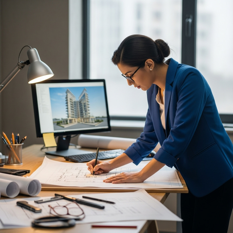 Tranquil Office Environment: Middle-Eastern Female Architect Working on Building Designs Tranquil Office Environment: Middle-Eastern Female Architect Working on Building Designs