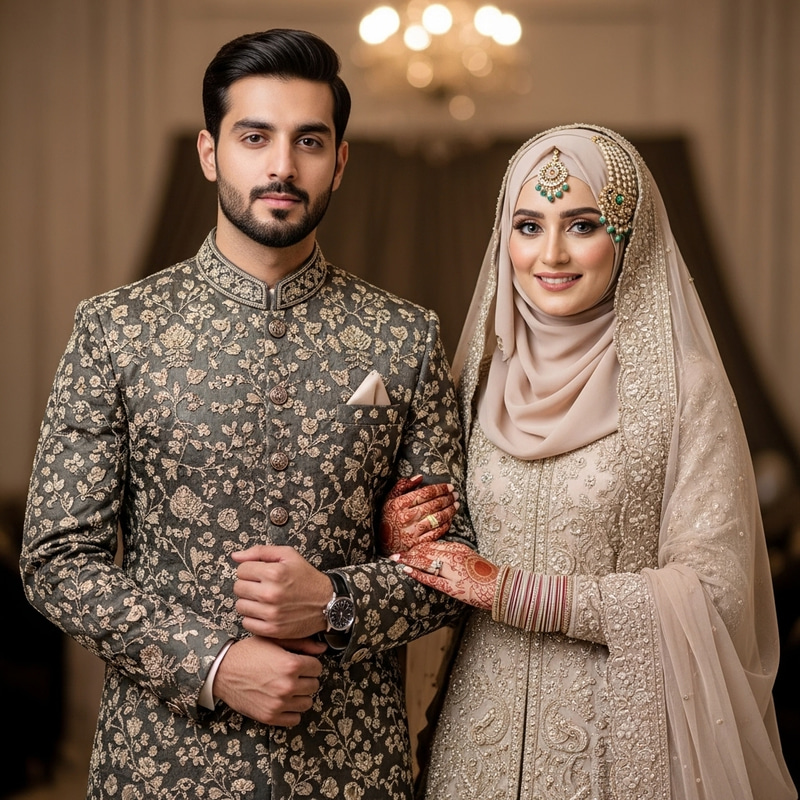 Elegant Pakistani Bride and Groom in Skin Color Attire with Hijab