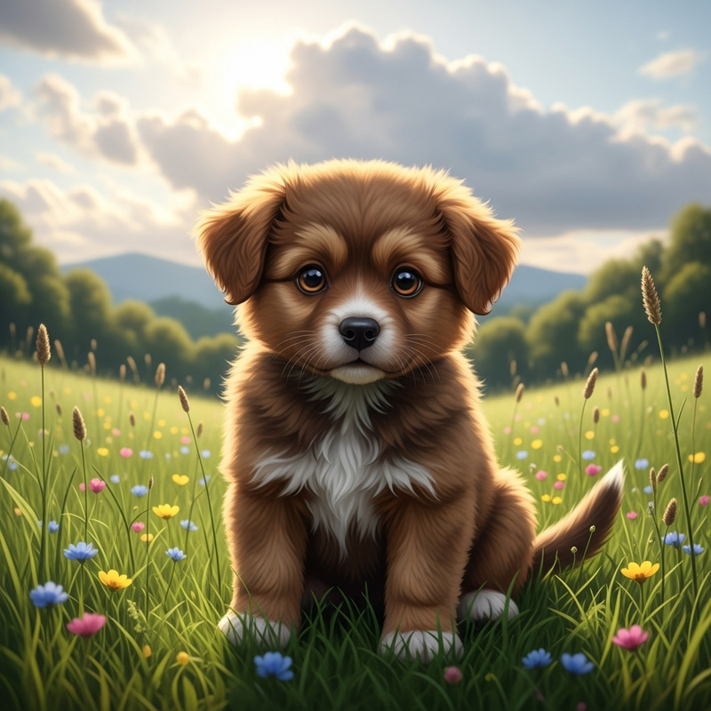 Adorable Brown Puppy in Lush Meadow Adorable Brown Puppy in Lush Meadow