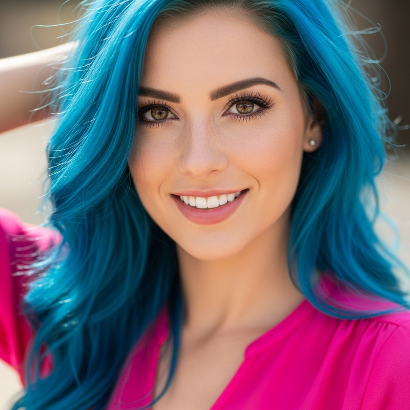 Beautiful Woman with Blue Hair in Pink Top - Maximum Realism