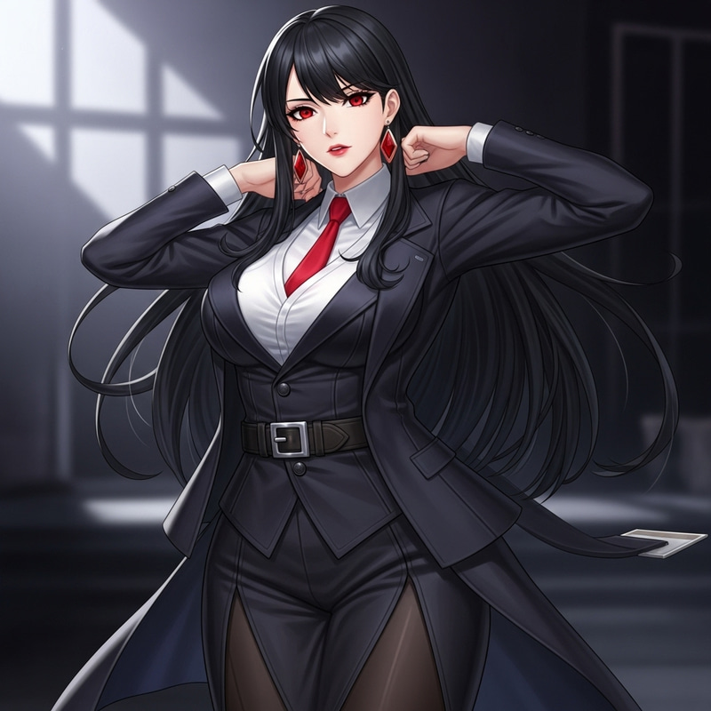 Bold Woman with Black Hair and Red Eyes | Confident and Stylish Look