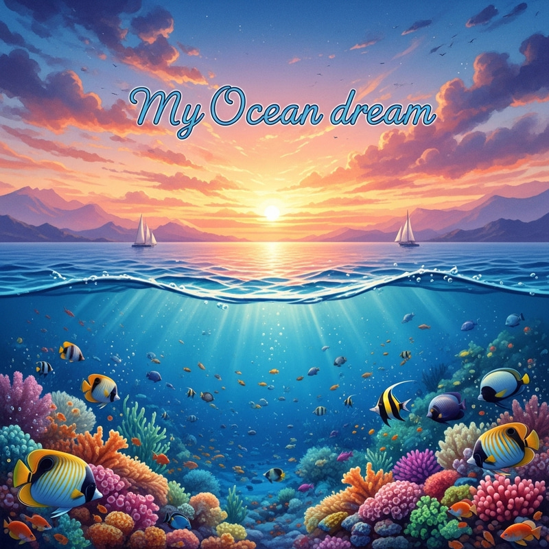 My Ocean Dream: Watercolor Fantasy Seaside Landscape at Dusk