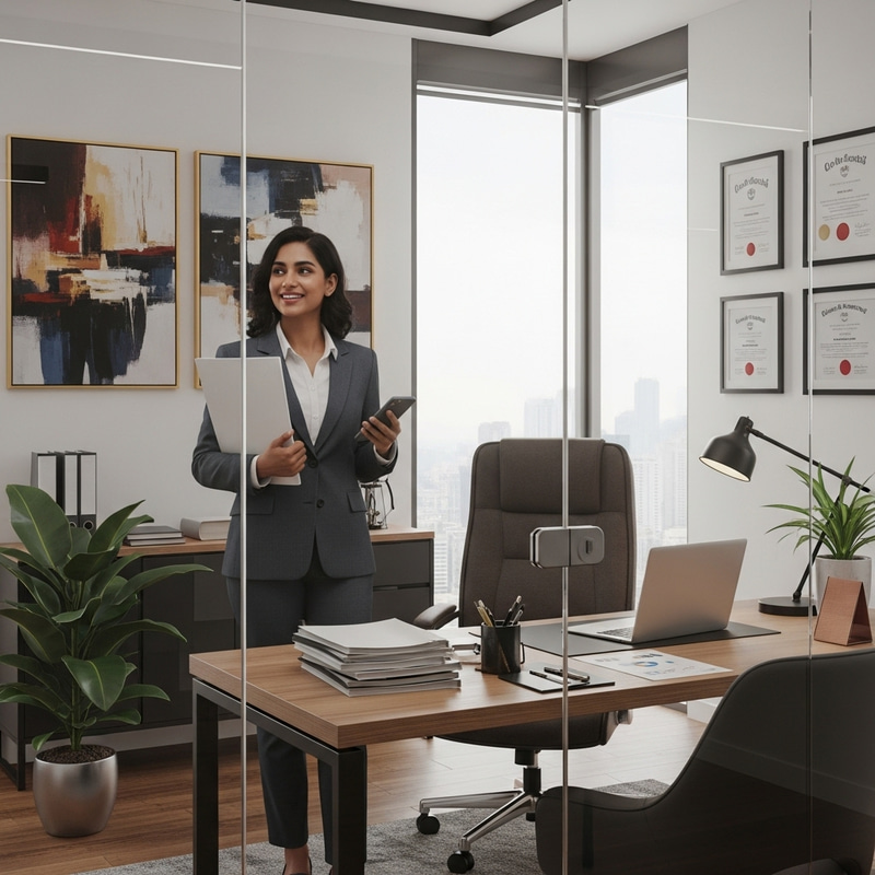 Happy Financier in Modern Office | Cityscape View Happy Financier in Modern Office | Cityscape View