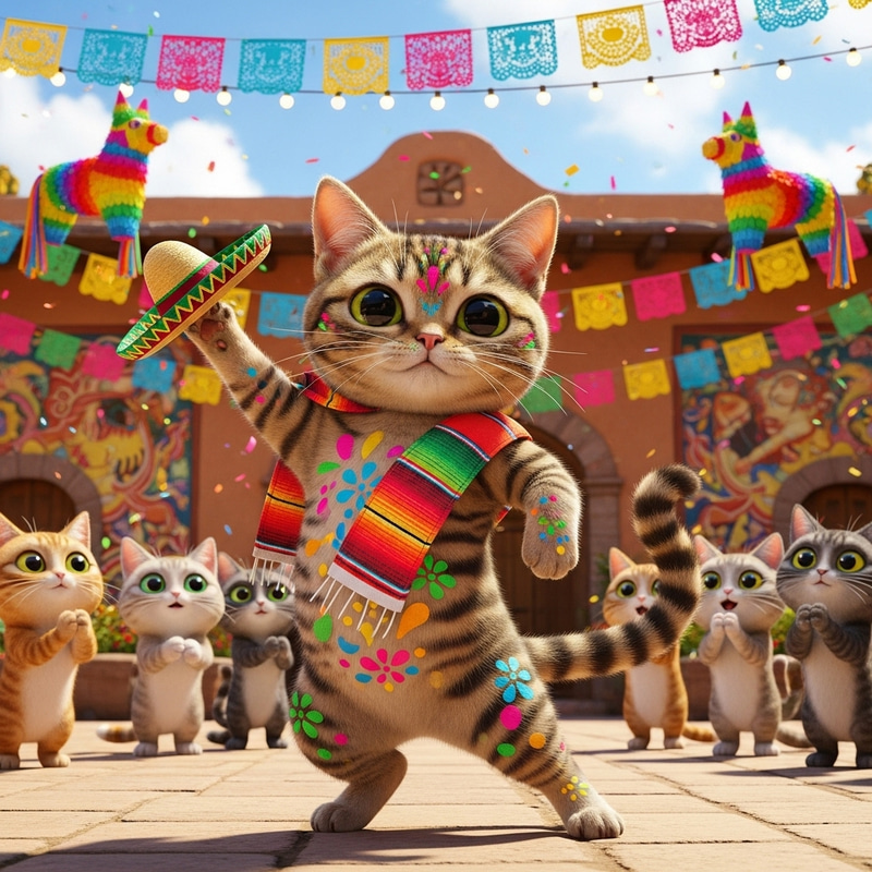 Mexican Cat Dancing to Reggaeton Music - Festive Dance Scene Mexican Cat Dancing to Reggaeton Music - Festive Dance Scene