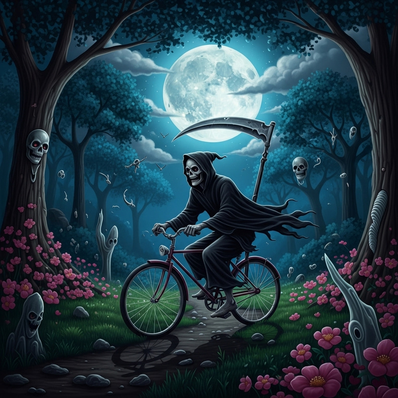 Whimsical Grim Reaper Cycling Through Moonlit Forest Whimsical Grim Reaper Cycling Through Moonlit Forest