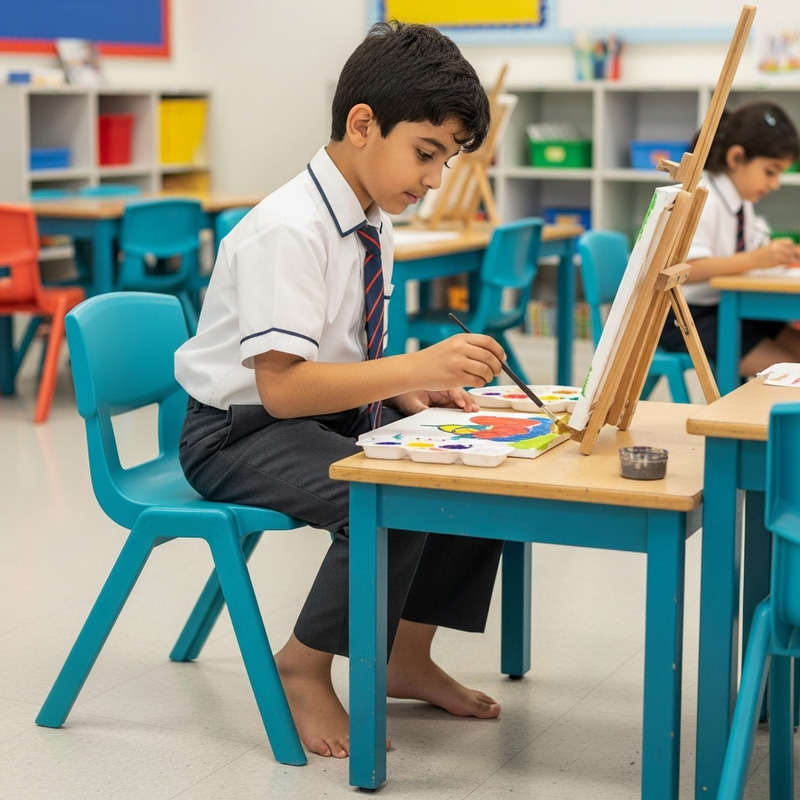 Cheerful Middle Eastern Boy Painting in School Uniform