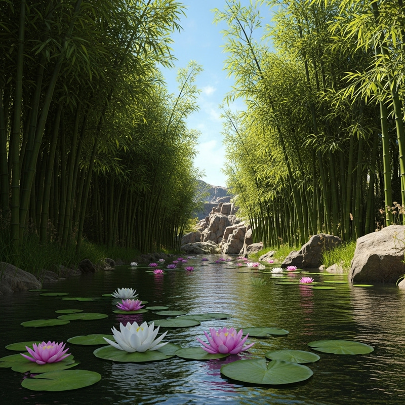 Tranquil River with Bamboos, Water Lilies, and Rocks - Peaceful Nature Scene Tranquil River with Bamboos, Water Lilies, and Rocks - Peaceful Nature Scene