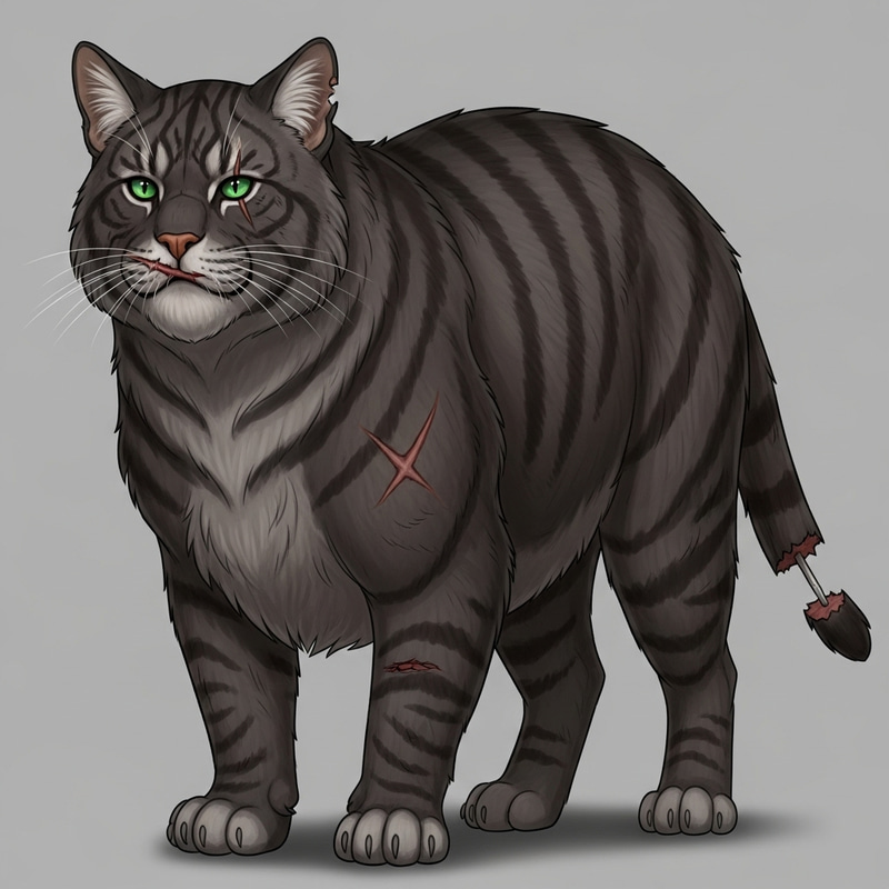 Majestic Cat with Dark Gray Fur, Stripes, and Scars Majestic Cat with Dark Gray Fur, Stripes, and Scars