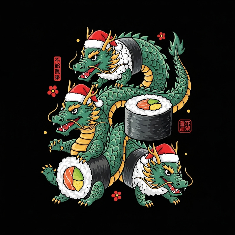 Whimsical Sushi Dragon Illustration: Festive Japanese Artwork Whimsical Sushi Dragon Illustration: Festive Japanese Artwork