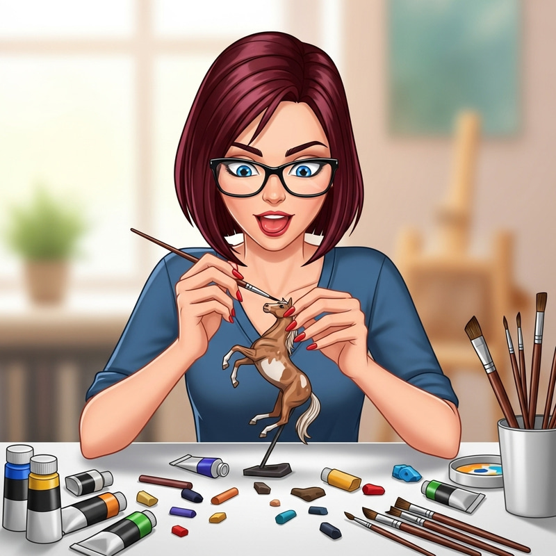 Dark Red-Haired Woman Painting Horse Figurine | Art Supplies