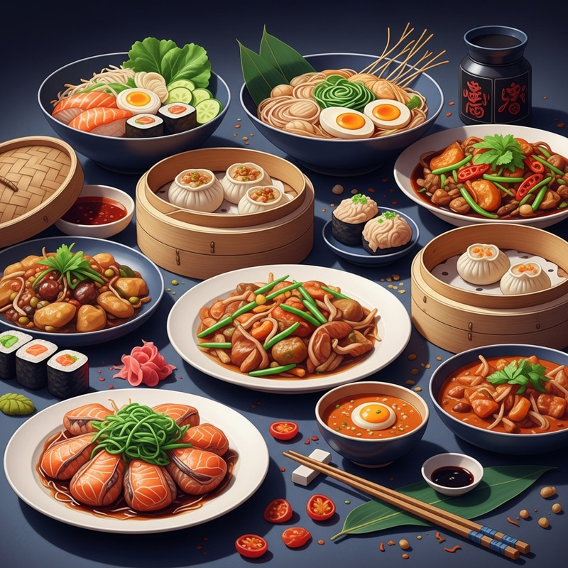 Elaborate Asian Style Dishes Painting: Exquisite Fusion of Culinary Traditions