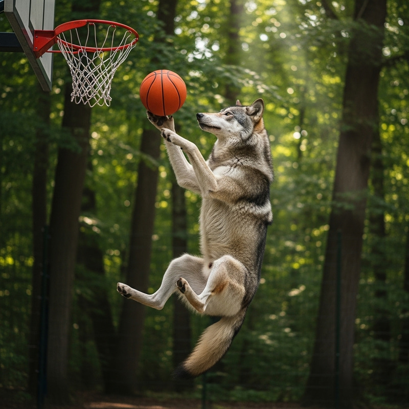 Wolf Sinks Three-Pointer Hoop Shot in Forest Wolf Sinks Three-Pointer Hoop Shot in Forest