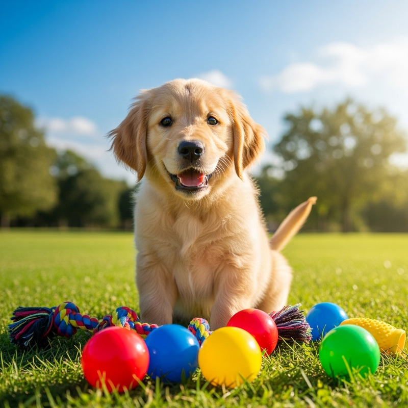 Cute Golden Retriever Puppy Playing in Green Park