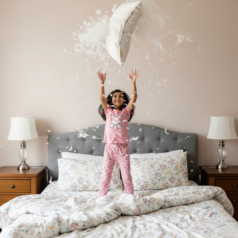 Joyful South Asian Girl in Pink Pajamas Leaping on Large Floral Bed Joyful South Asian Girl in Pink Pajamas Leaping on Large Floral Bed