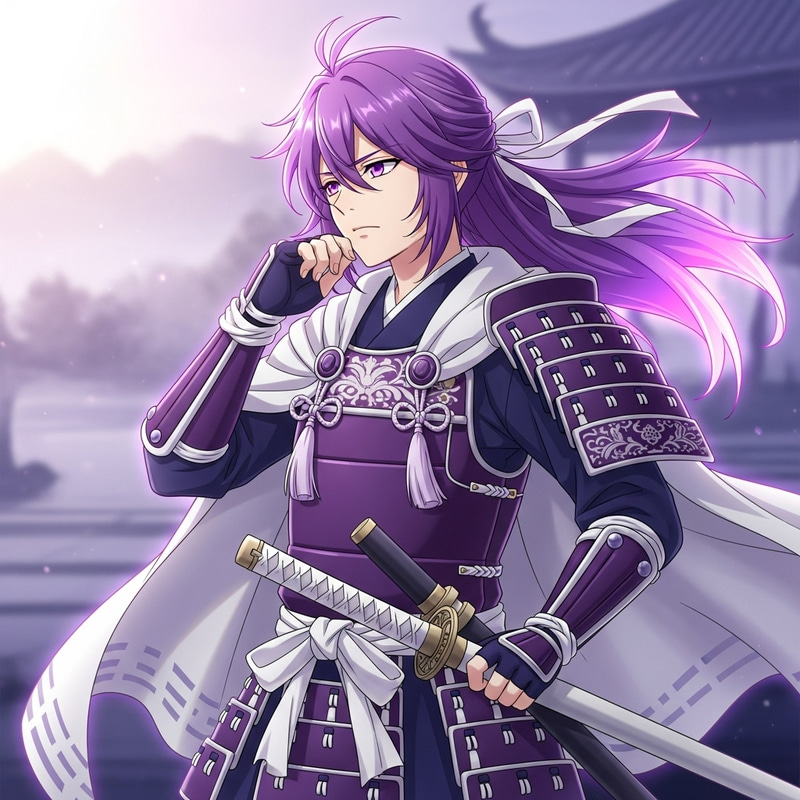 Anime Male Samurai with Long Purple Hair in Bright Edges Anime Male Samurai with Long Purple Hair in Bright Edges