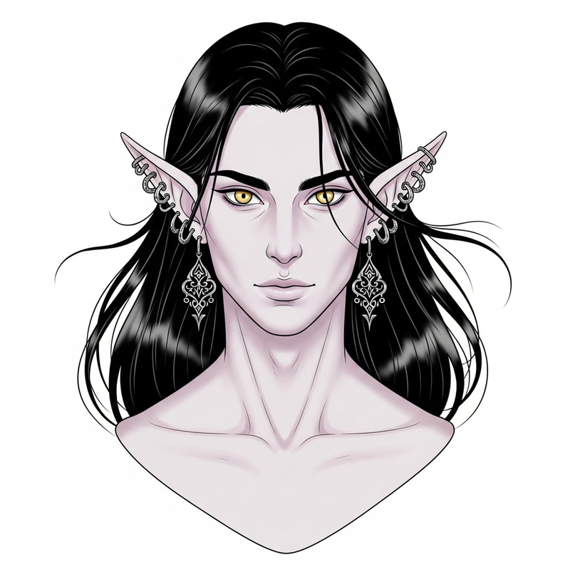 Captivating Ethereal Androgynous Elf Portrait - Enchanting Golden-Eyed Pale Elf with Flowing Black Hair Captivating Ethereal Androgynous Elf Portrait - Enchanting Golden-Eyed Pale Elf with Flowing Black Hair
