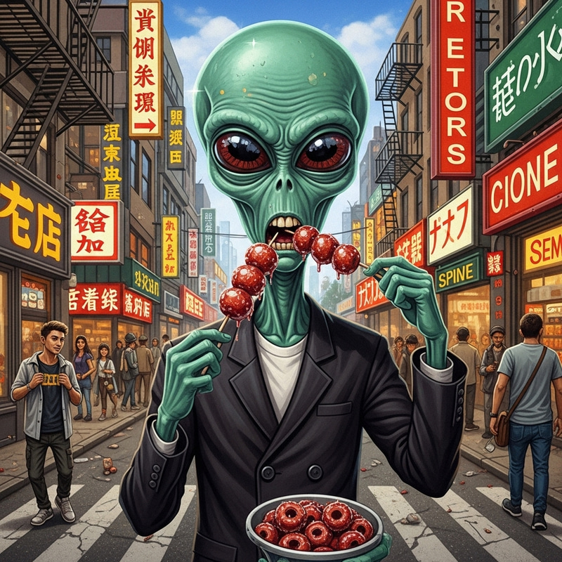 Extraterrestrial Enjoying Candied Hawthorns in Cityscape | Vibrant Sci-Fi Art Extraterrestrial Enjoying Candied Hawthorns in Cityscape | Vibrant Sci-Fi Art