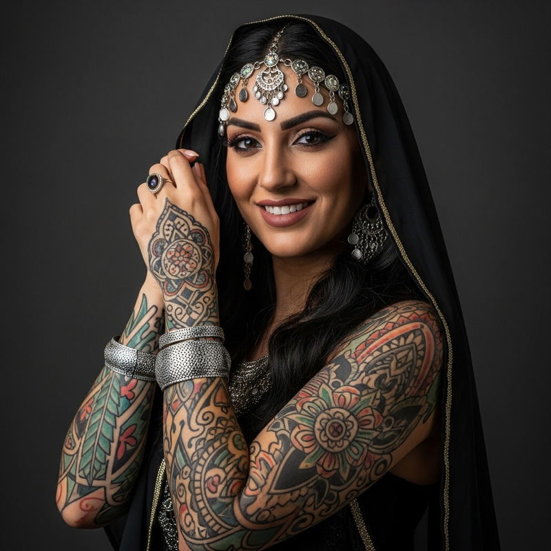 Realistic Middle-Eastern Princess Jasmine with Exquisite Tattoos Realistic Middle-Eastern Princess Jasmine with Exquisite Tattoos
