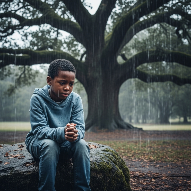 Emotional Black Boy in Rainy Nature Scene Emotional Black Boy in Rainy Nature Scene