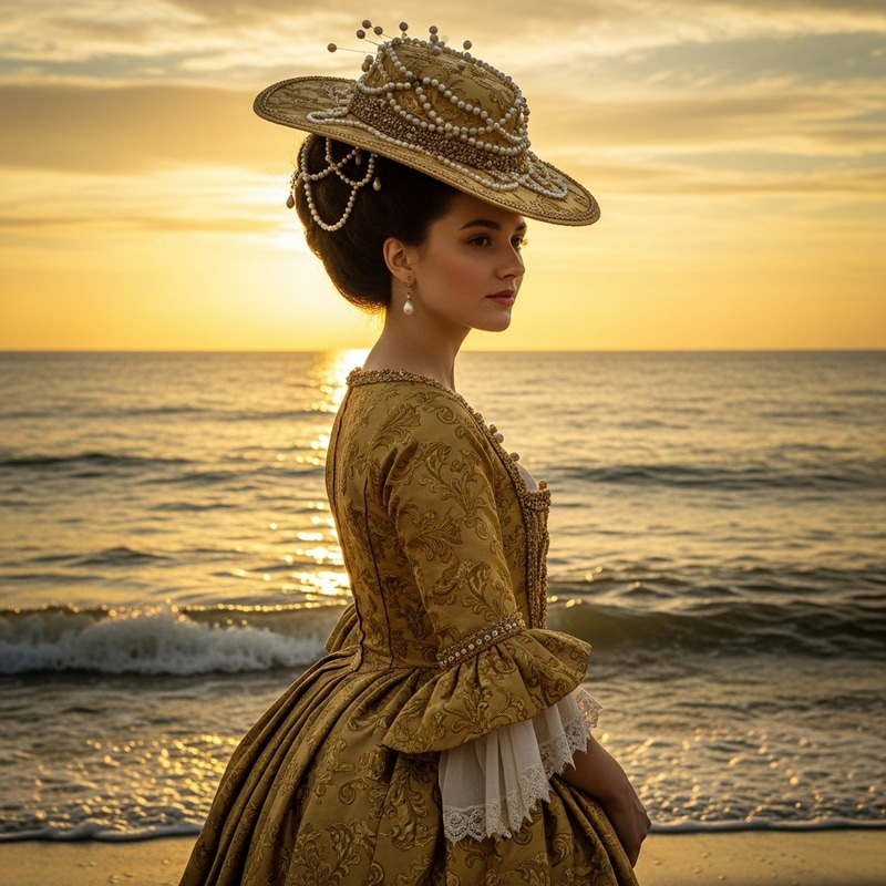 Captivating Baroque Portrait of a Radiant Woman Mesmerized by the Sea
