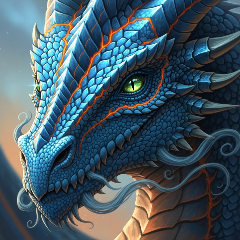 Majestic Blue Dragon Portrait with Sparkling Scale, Orange Veins, and Green-Gold Eyes