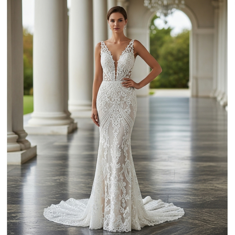 Innovative Wedding Dress with Sheer Lace and Clear Beadwork Innovative Wedding Dress with Sheer Lace and Clear Beadwork