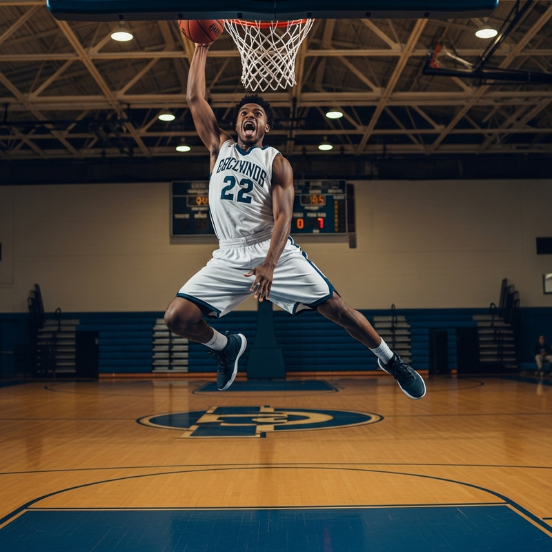 Powerful African American Basketball Dunk in High School Gym