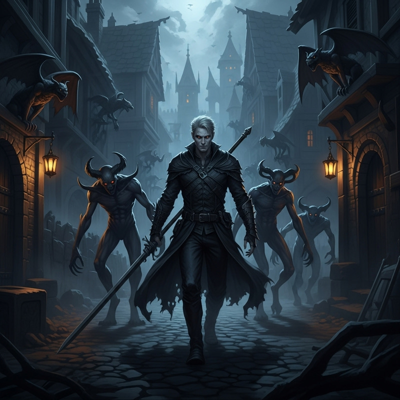 Sinister Man Surrounded by Demons in Ancient Town