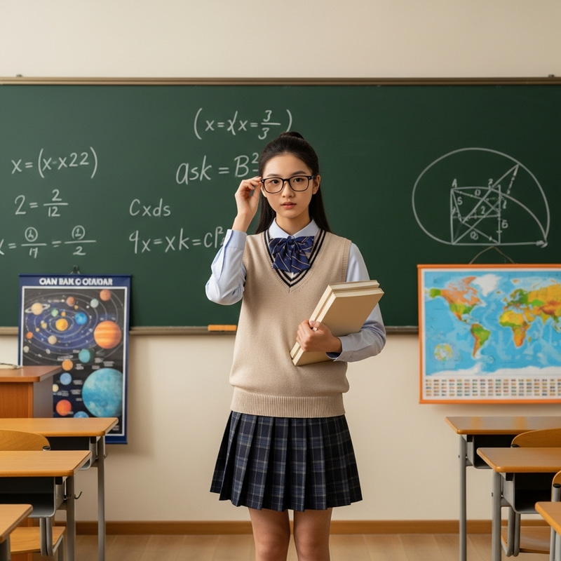 Adorable Asian Schoolgirl in Classroom | Petite Figure & Pleated Skirt