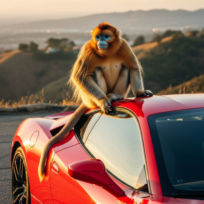 Golden Monkey Sitting on Red Ferrari - Luxury Wildlife Image Golden Monkey Sitting on Red Ferrari - Luxury Wildlife Image