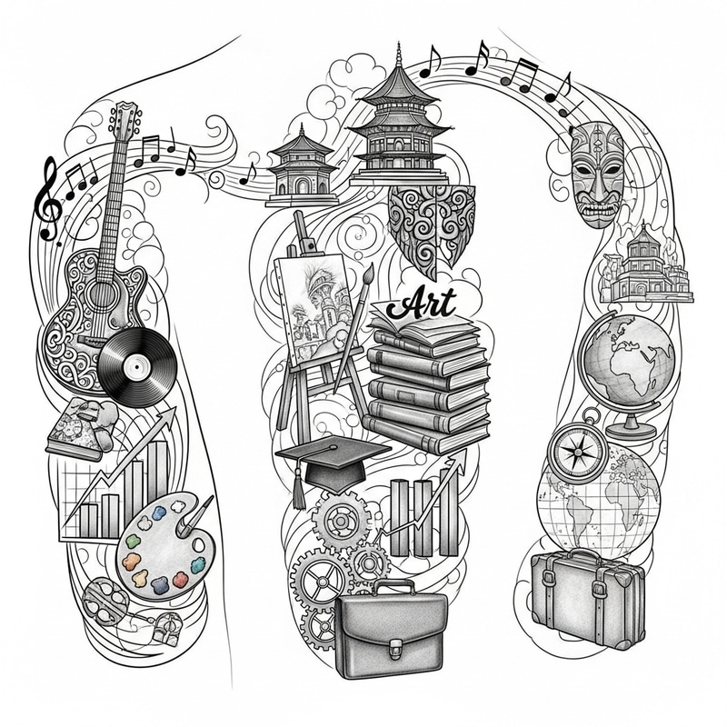 Intricate Life Celebration Tattoo Design - Music, Culture, Art, Education, Business, Travel