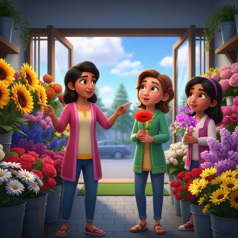 Animated South Asian Girl Pointing at Sunflower in Flower Shop Animation Animated South Asian Girl Pointing at Sunflower in Flower Shop Animation