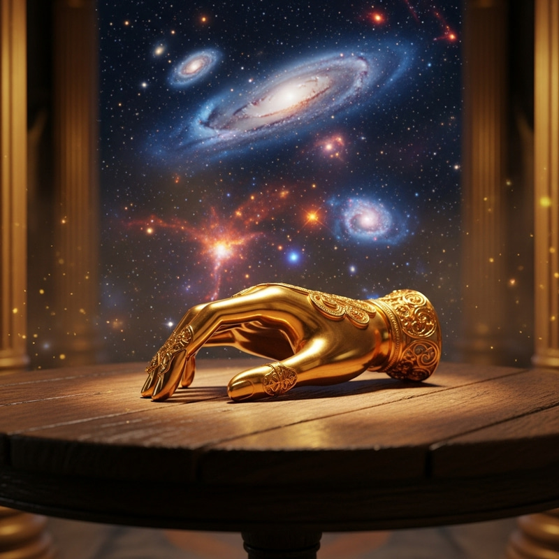 Closeup of a Golden Hand on a Wooden Table Closeup of a Golden Hand on a Wooden Table