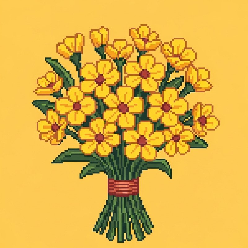 Simplistic Yellow Flower Bouquet Pixel Art Display