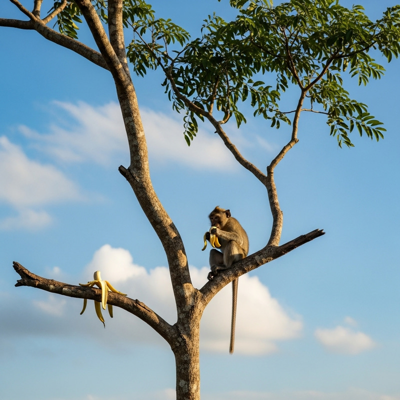Lone Monkey on Tree Feasting on Banana | Serene Natural Scene