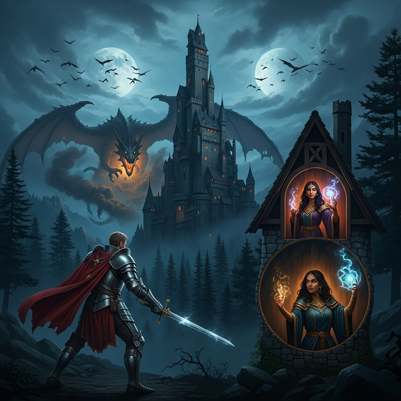 Dark Fantasy Castle: Knight vs Dragon, Woman Magician in Twilight Realm Dark Fantasy Castle: Knight vs Dragon, Woman Magician in Twilight Realm