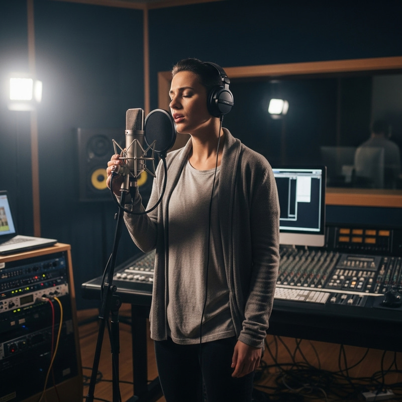 Professional Singer with Microphone in Recording Studio