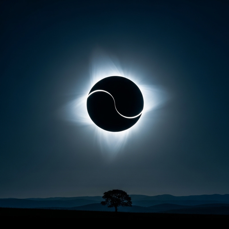 Majestic Solar Eclipse with Radiant Halo over Rolling Hills Majestic Solar Eclipse with Radiant Halo over Rolling Hills