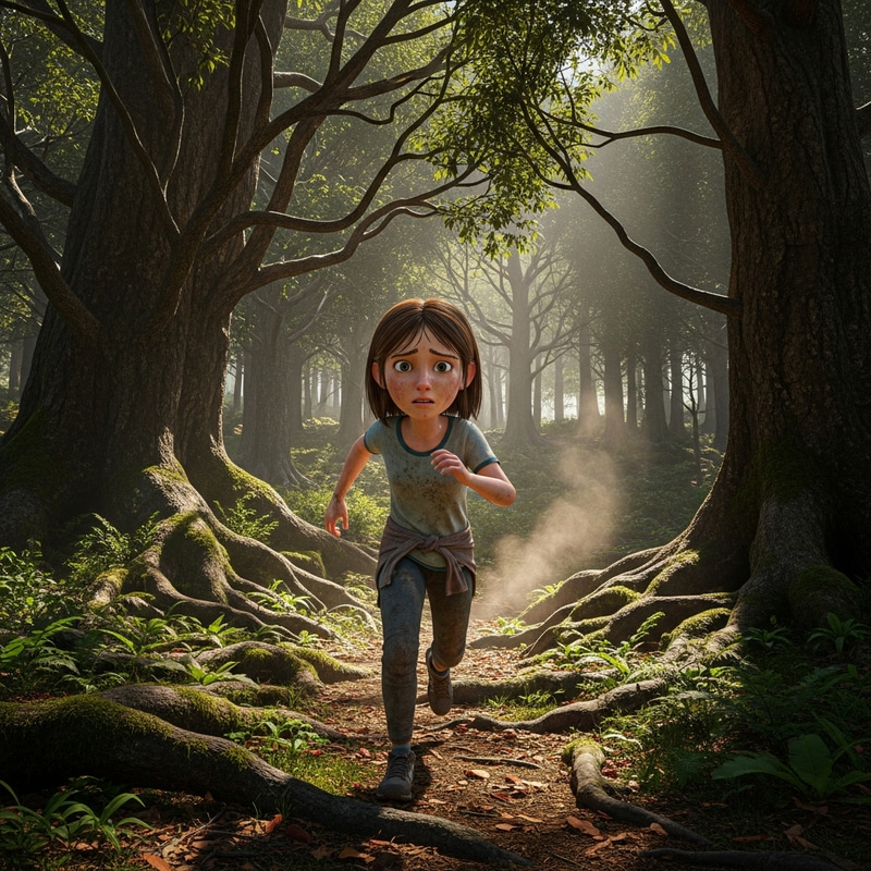 3D Image of a Determined 12-Year-Old Girl Running Through a Vast Forest