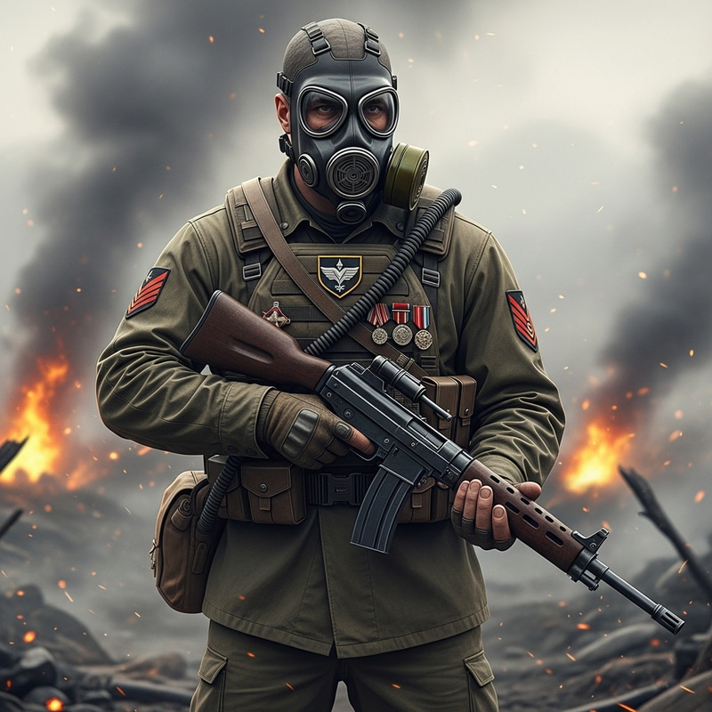 Warrior Officer on Battlefield - Courage in a Gas Mask Warrior Officer on Battlefield - Courage in a Gas Mask