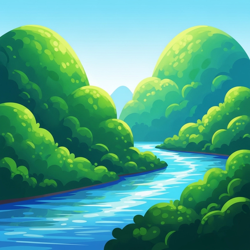 Verdant Hills and Shimmering River | Cartoon Landscape Verdant Hills and Shimmering River | Cartoon Landscape