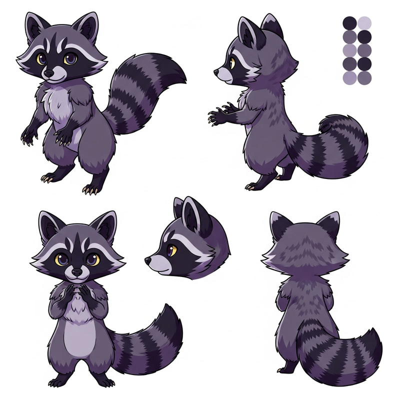 Unique Anthropomorphic Racoon Reference Sheet: Dark-Grey & Purple