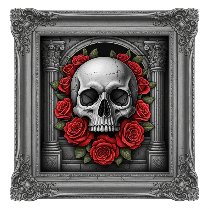 Roman Stone Skull Portrait with Vibrant Red Roses Roman Stone Skull Portrait with Vibrant Red Roses