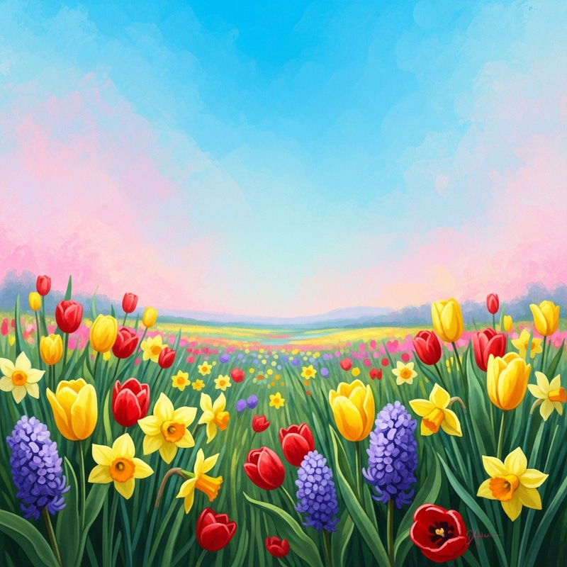 Nature-Inspired Spring Landscape | Soft Pastel Blooms & Blue Sky Nature-Inspired Spring Landscape | Soft Pastel Blooms & Blue Sky