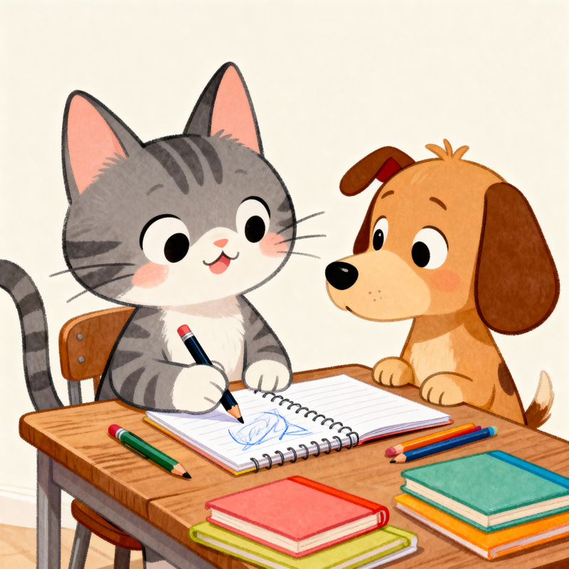 Cat and Dog Doing Homework in Cartoon Style Cat and Dog Doing Homework in Cartoon Style