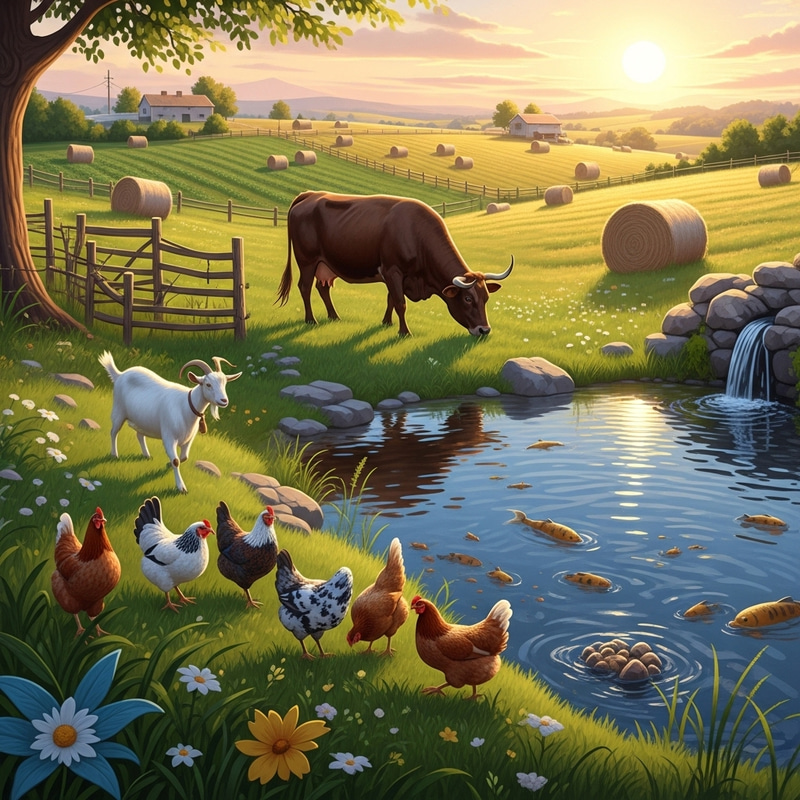 Picturesque Farmland Landscape with Cow, Goat, Hens and Fish Picturesque Farmland Landscape with Cow, Goat, Hens and Fish