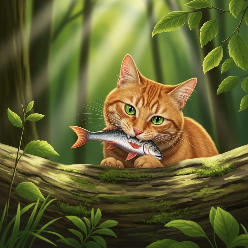 Bright Orange Ginger Cat with Green Eyes Eating Fresh Fish in Lush Green Woods