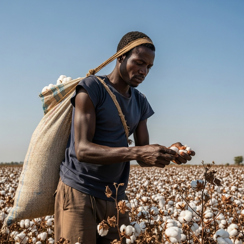 Black Farmer Picking Cotton in Sunlit Fields Black Farmer Picking Cotton in Sunlit Fields